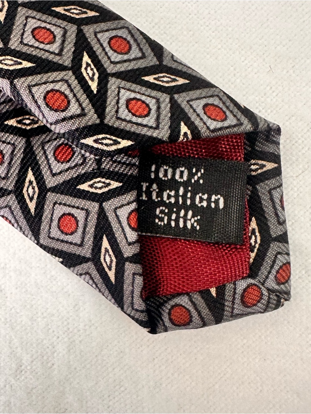 Classic Geometric Grey Men's Tie with Red Accents - Picture 6 of 8